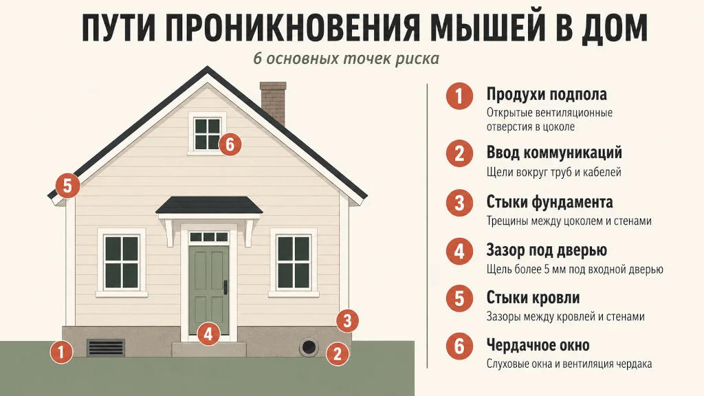 Схема путей проникновения мышей в частный дом